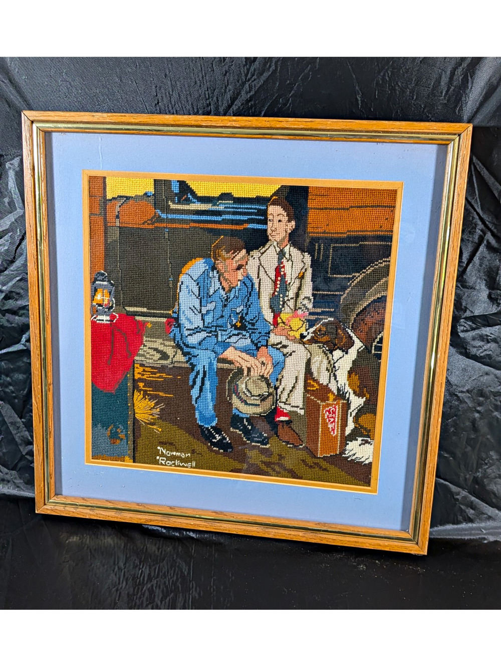 Norman Rockwell Signed Framed Finished Needlepoint Canvas Artwork